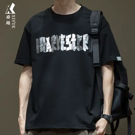 希越亮面logo短袖T恤男2024春夏新款宽松大码休闲男士圆领打底衫商品大图