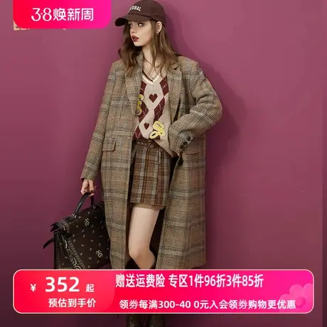 妖精的口袋棕色英伦格纹大衣女2022秋冬季新款加厚高级感长款外套图片