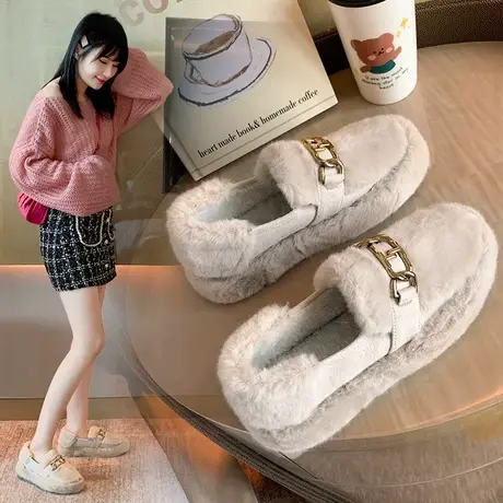 厚底毛毛鞋女冬外穿加绒2023新款皮毛一体棉鞋秋冬保暖网红豆豆鞋商品大图