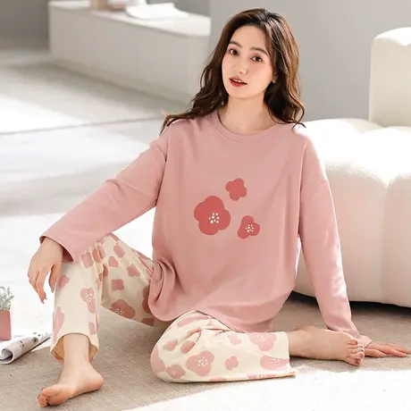 婷美秋冬天睡衣女纯棉长袖圆领套头休闲春秋季新款外出家居服套装商品大图