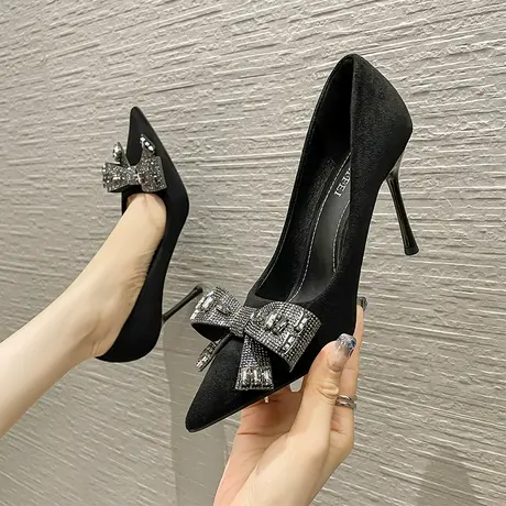 黑色绒面高跟鞋女细跟2023年春季新款尖头蝴蝶结气质少女礼仪单鞋商品大图