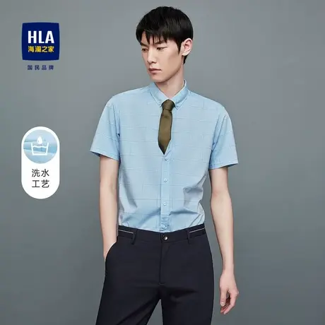 HLA/海澜之家格纹短袖休闲衬衫夏季舒适水洗柔软制扣领衬衫男图片