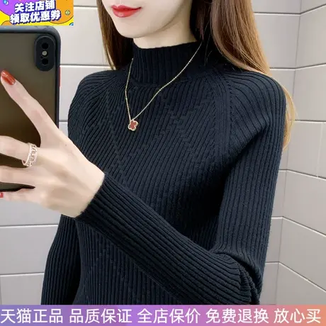 黑色秋新款半高领打底毛衣女洋气内搭针织衫弹力修身显瘦上衣时尚商品大图