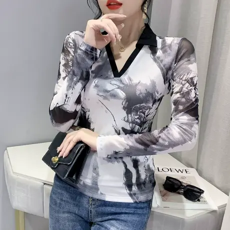 水墨画网纱打底衫女长袖秋装新款复古气质V领T恤修身显瘦洋气上衣商品大图