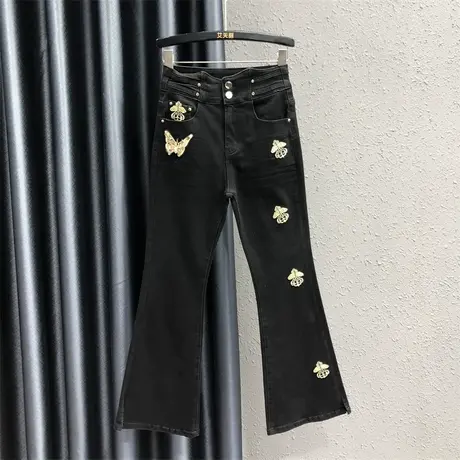 黑色弹力微喇牛仔裤女2023秋季新款高腰显瘦梨形身材重工刺绣裤子商品大图