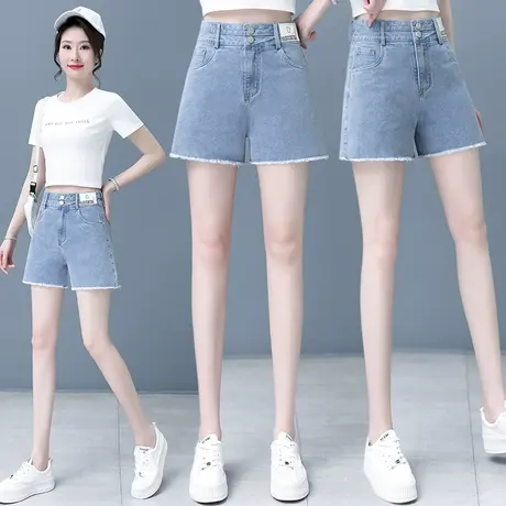 高腰牛仔短裤女夏季宽松显瘦毛边3分阔腿裤浅色双排扣韩版A字热裤图片