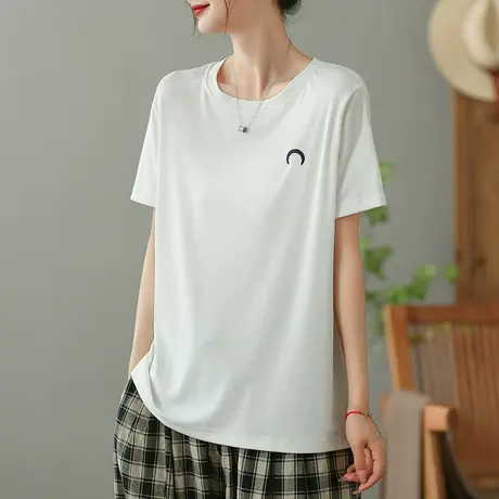 dza白色纯棉短袖T恤女2023夏季薄款圆领打底体恤宽松显瘦套头上衣商品大图