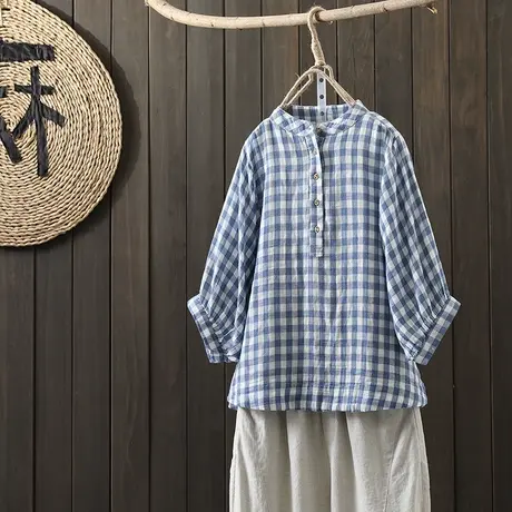 枫谜2021年夏季文艺简约双层纱格子衬衫女宽松蝙蝠袖中袖立领小衫图片