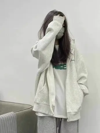 美式复古oversize卫衣女2023春秋宽松上衣慵懒风连帽薄款开衫外套图片