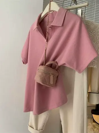 个性简约时髦帅气polo翻领短袖t恤女ins韩版别致洋气纯色半袖上衣商品大图