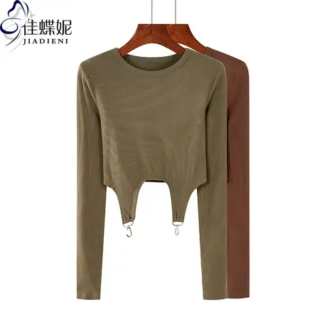 秋季新款韩版圆领纯棉修身显瘦短款长袖体恤上衣内搭打底衫纯色女图片