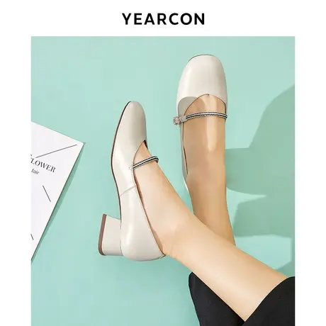 意尔康法式粗跟单鞋2023年春季气质复古方头玛丽珍鞋真皮厚底女鞋商品大图