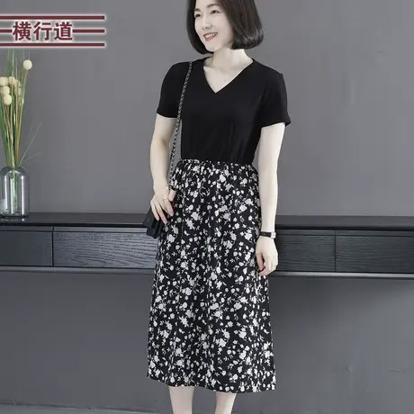 2023夏季新款甜美简约V领碎花中长短袖连衣裙女衣大码外穿妈妈装图片