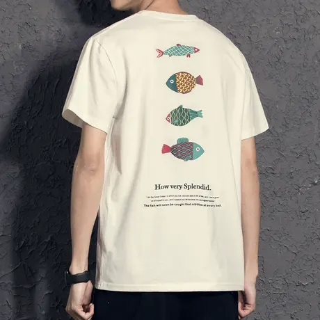 日系复古趣味小鱼印花T恤 2023新款夏装韩版潮流短袖学生男生体恤商品大图