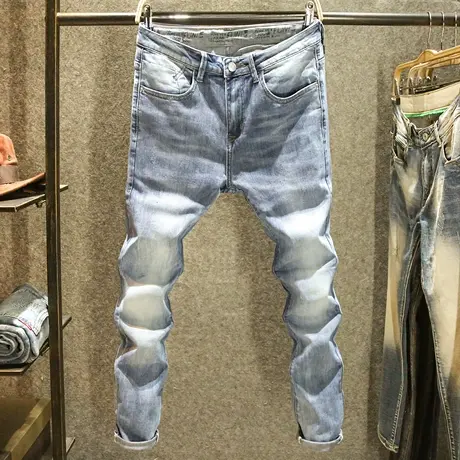 浅蓝色修身小脚牛仔裤男款休闲百搭长裤2023新款ins潮牌猫须裤子图片