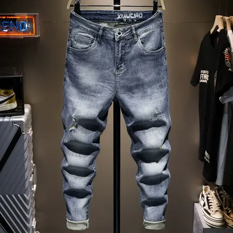 夏季薄款破洞牛仔裤男潮牌宽松直筒修身小脚男士九分裤百搭复古潮商品大图