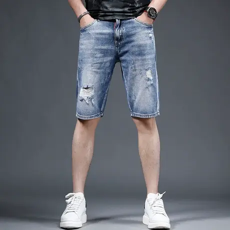 蓝色破洞牛仔短裤男潮牌夏季宽松潮流无弹力休闲男士中裤五分裤商品大图