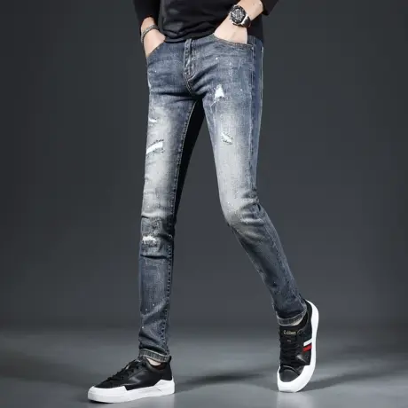 高街破洞牛仔裤男款秋季2023新款爆款修身小脚裤时尚潮流男士裤子商品大图