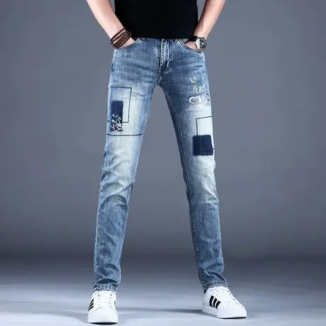 烫钻印花牛仔裤男款夏季潮流弹力修身小脚裤子男修身小脚高端潮牌商品大图