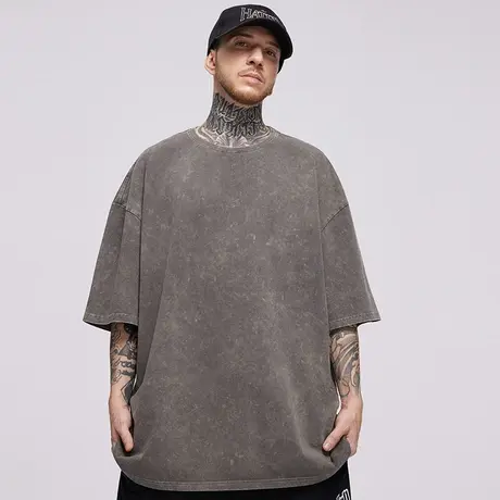 美式300g重磅复古纯色胖短袖T恤男款夏季加肥加大码宽松水洗做旧商品大图