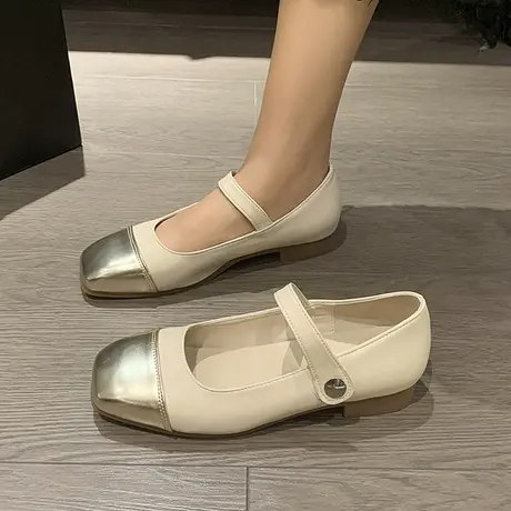 小香风拼色法式玛丽珍鞋女2023春秋新款一字带圆头平底芭蕾舞单鞋图片