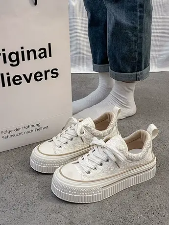 小白鞋女鞋厚底2023新款秋季爆款百搭运动板鞋休闲蕾丝舒适帆布鞋商品大图