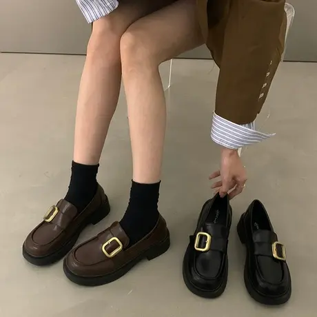 乐福鞋女棕色小皮鞋英伦风休闲鞋子2024新款INS潮一脚蹬豆豆单鞋商品大图