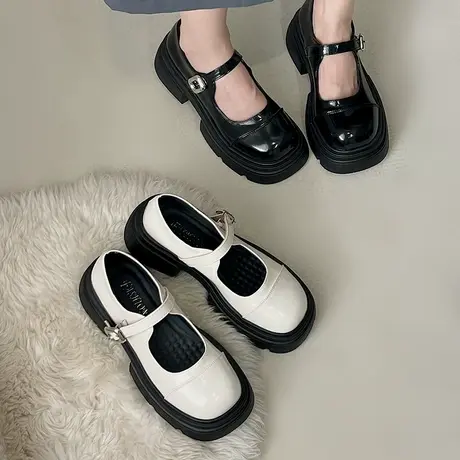 百搭小皮鞋女2024春秋新款超火ins粗跟单鞋通勤时尚配裙子小皮鞋商品大图