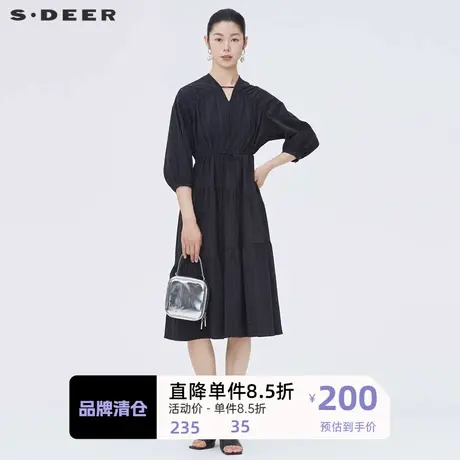 sdeer圣迪奥女装V领格纹收腰不规则长袖连衣裙S221Z1207图片