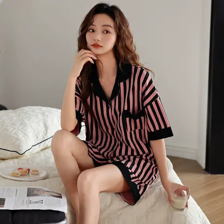 婷美条纹睡衣女夏季纯棉薄款短袖短裤开衫套装夏天高档休闲家居服图片