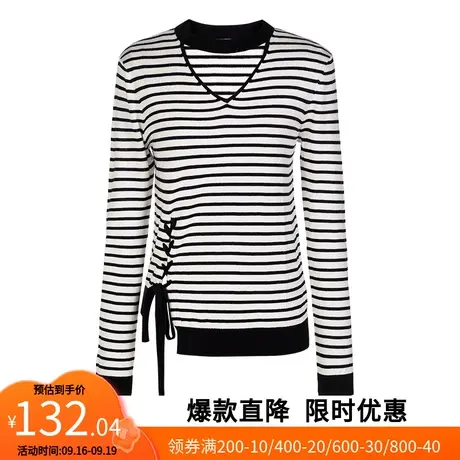 【艾格】2023春季新款简约上衣女圆领镂空开叉系带条纹针织衫图片