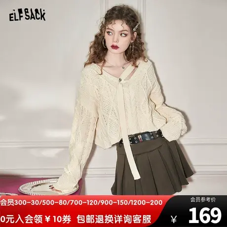 妖精的口袋镂空v领针织衫女2023秋新款宽松短款小个子设计感上衣图片