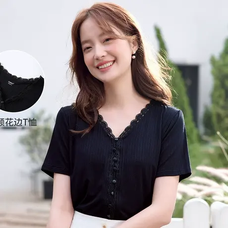 茵曼2023夏女装新款V领花边纽扣短袖T恤图片