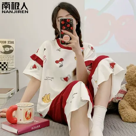 女士睡衣女夏款纯棉 夏季 短袖七分裤樱桃家居服女款2024新款春款商品大图