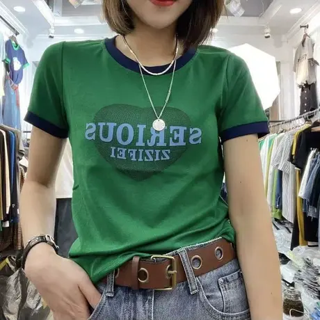 短袖t恤女2023夏季新款宽松显瘦圆领减龄女士爱心印花百搭潮上衣商品大图