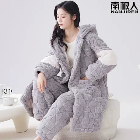 睡衣冬季女款加绒加厚珊瑚绒三层夹棉冬天法兰绒幽雅睡袍女秋冬款商品大图