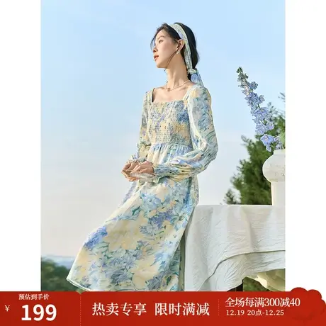 茵曼法式连衣裙2023秋女装新款油画晕染牡丹花印花橡筋收腰中长裙图片