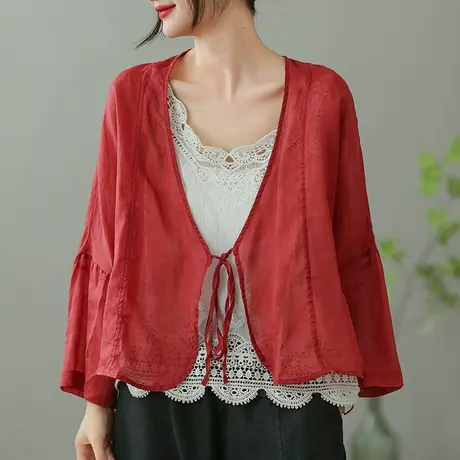 dza复古纯色苎麻短外套女2023夏薄款V领开衫外搭休闲宽松棉麻上衣商品大图