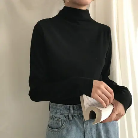 春秋冬半高领内搭洋气百搭长袖t恤加厚加绒保暖上衣黑色打底衫女图片