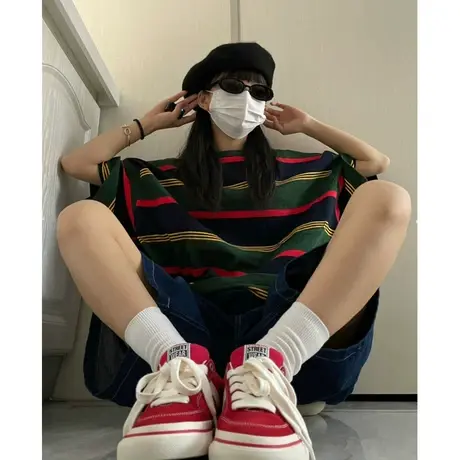 日系复古条纹撞色减龄t恤女夏季宽松显瘦学生chic正肩短袖上衣潮商品大图