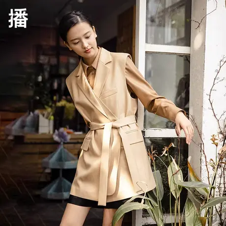 播马夹2023秋季新款翻领配腰带一粒扣中长款西装马甲女BDP1MD0112商品大图