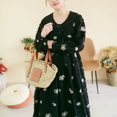 胖妹妹秋季2023新品重工法式长袖连衣裙大码微胖长款复古显瘦长裙商品大图