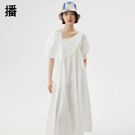 播连衣裙女2023秋季新款斜肩领口复古泡泡袖宽松短袖纯色中长裙图片