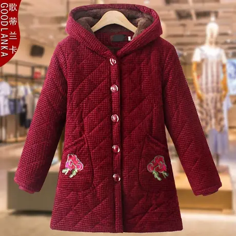 中老年棉服女妈妈2022新款冬装加绒加厚绣花棉袄加肥加大码女棉衣图片