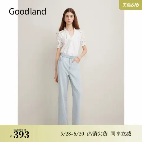 Goodland美地夏季新款高支亲肤棉镂空衬衫拼接荷叶边上衣图片