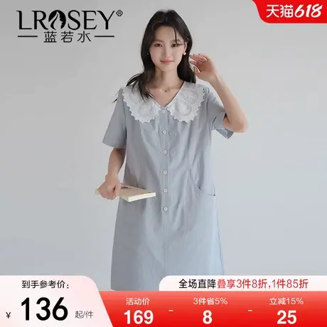 【蕾丝娃娃领全棉连衣裙】蓝若水大码2025夏新款宽松遮肚子直筒裙图片