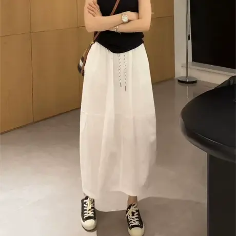 欧洲站2025夏季洋气时尚松紧腰微跨显瘦拼接后开叉半身裙灯笼裙潮图片