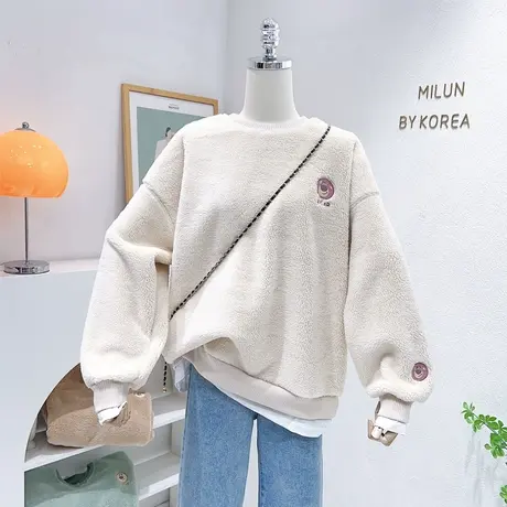 22秋冬款羊羔绒上衣外套韩版ins小熊假两件毛毛卫衣加厚宽松保暖商品大图