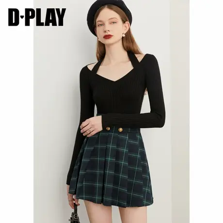 DPLAY2025春季V领挂脖修身黑色针织衫打底衫女毛衣上衣商品大图