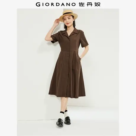 佐丹奴裙子女装天然麻棉梭织法式V领薄短袖衬衫连衣裙 05464336图片